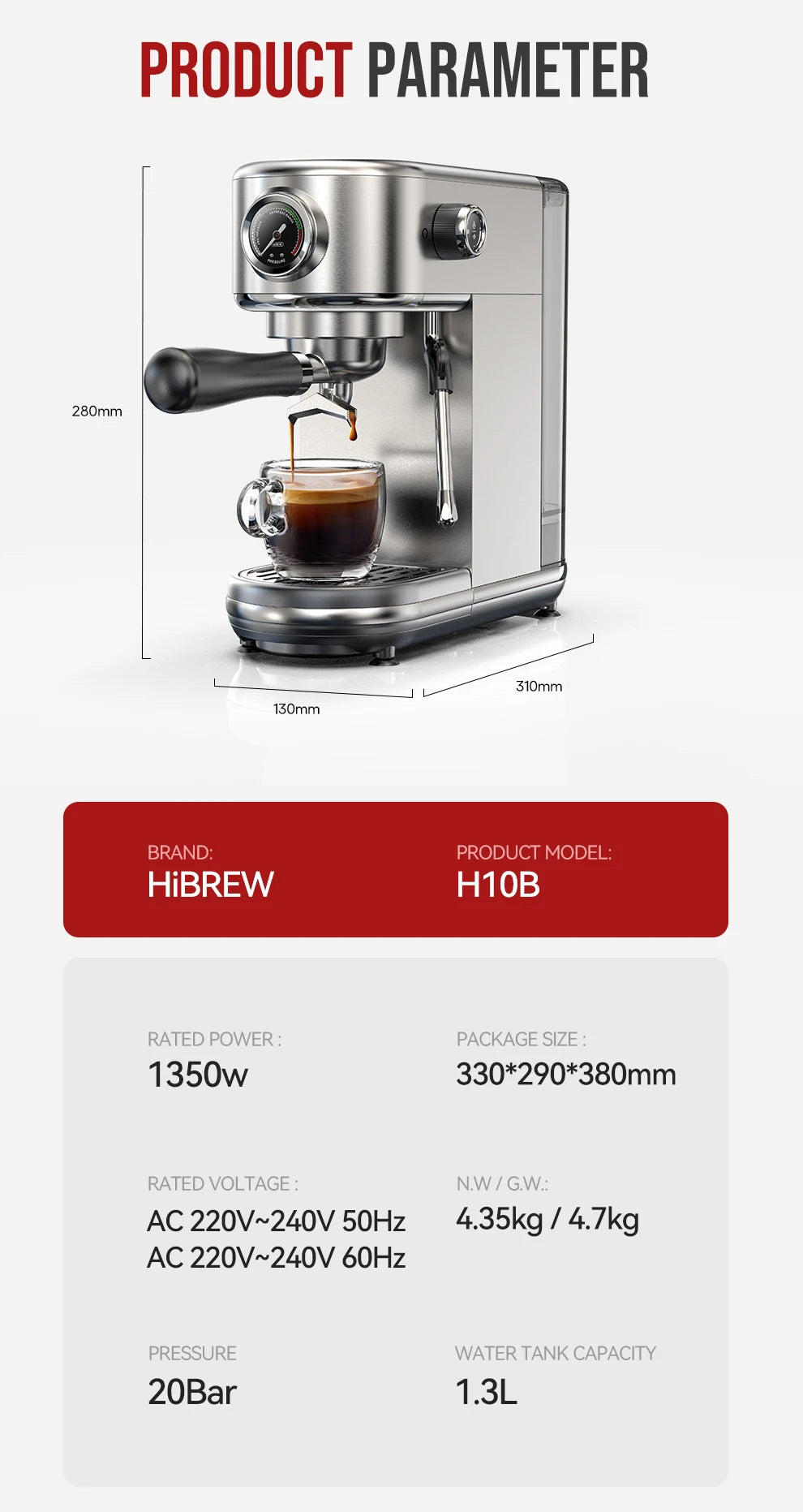Cafetera Espresso HiBREW H10B 20 Bar Semiautomática Slim Frío y Caliente