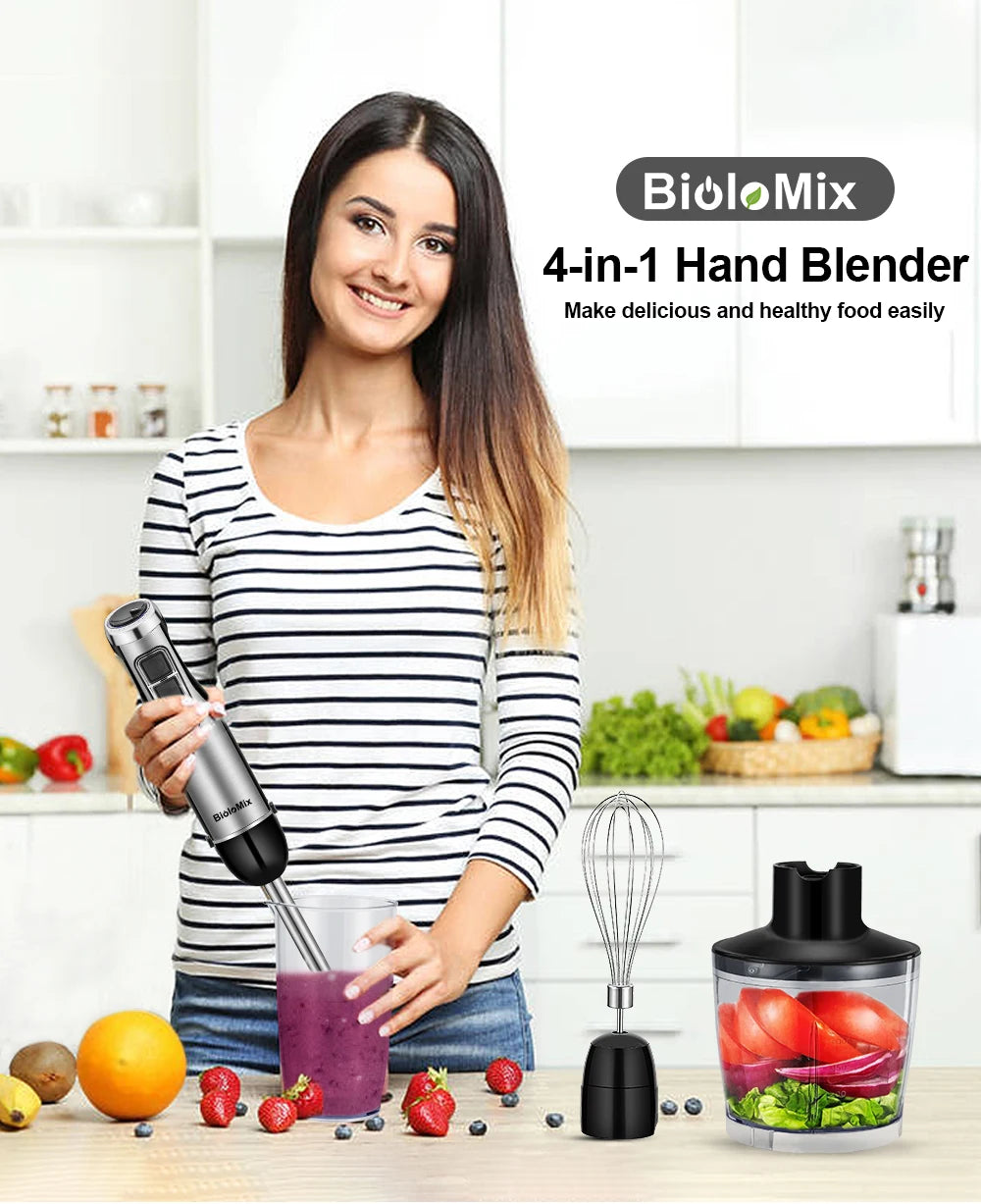 Batidora de Mano BioloMix 4 en 1 1200W con Picadora y Vaso Smoothie