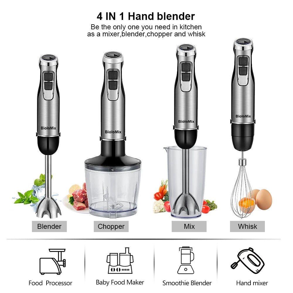Batidora de Mano BioloMix 4 en 1 1200W con Picadora y Vaso Smoothie