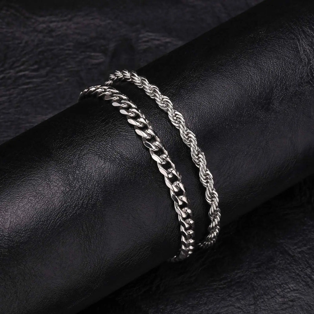 Pulseras Hombre 2 Piezas Acero Inoxidable Cadena Cubana y Trenzada