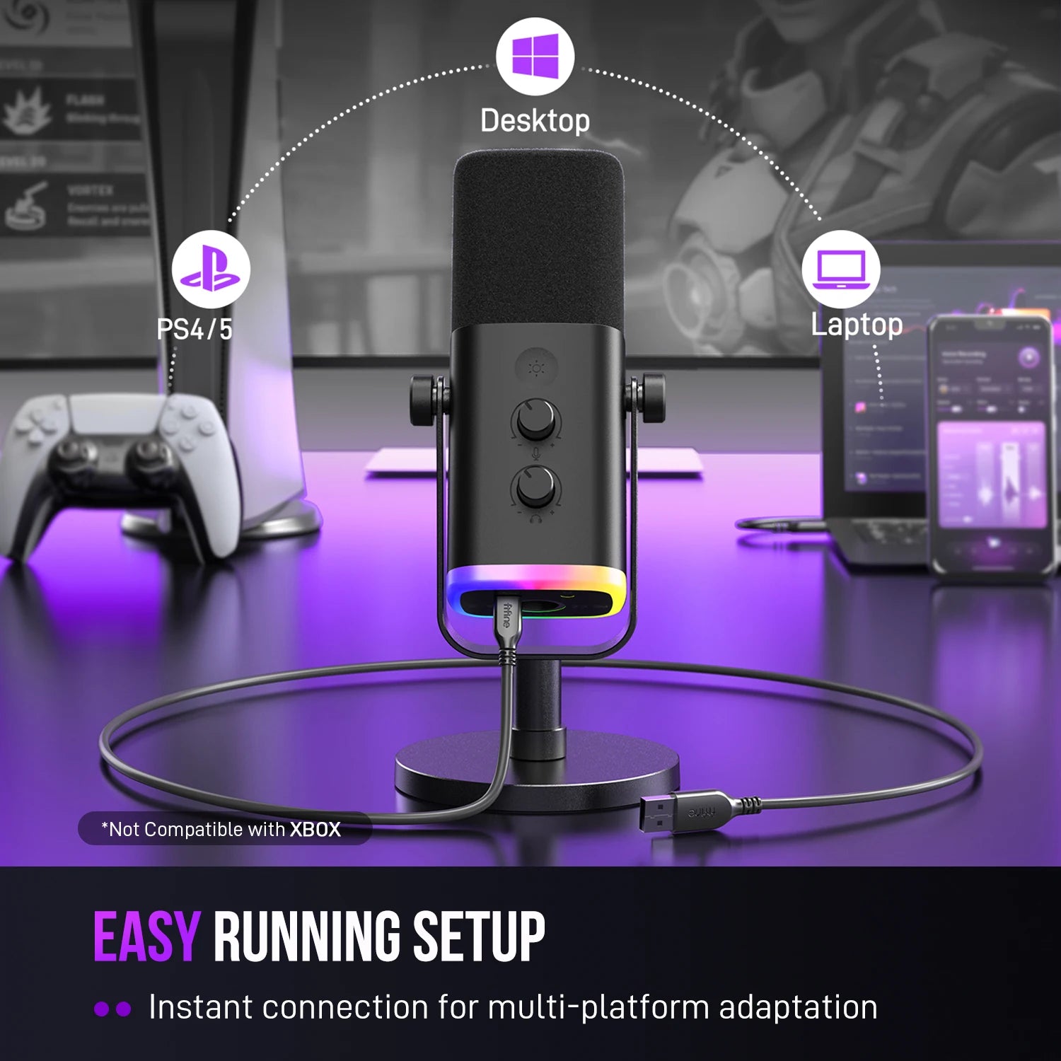 Micrófono FIFINE AmpliGame AM8 USB XLR RGB para Streaming Gaming y Grabación