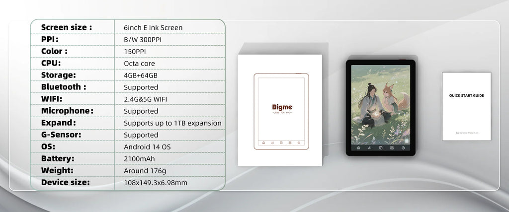 Ebook Reader Bigme B6 6” E-Ink Android 14 4GB+64GB con Luz Ajustable