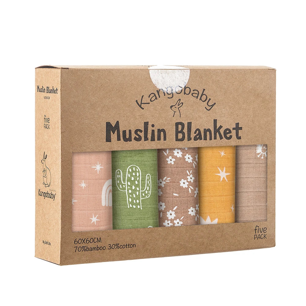 Pack 5 Muselinas de Bambú Kangobaby Multifuncional Manta y Paño para Bebé