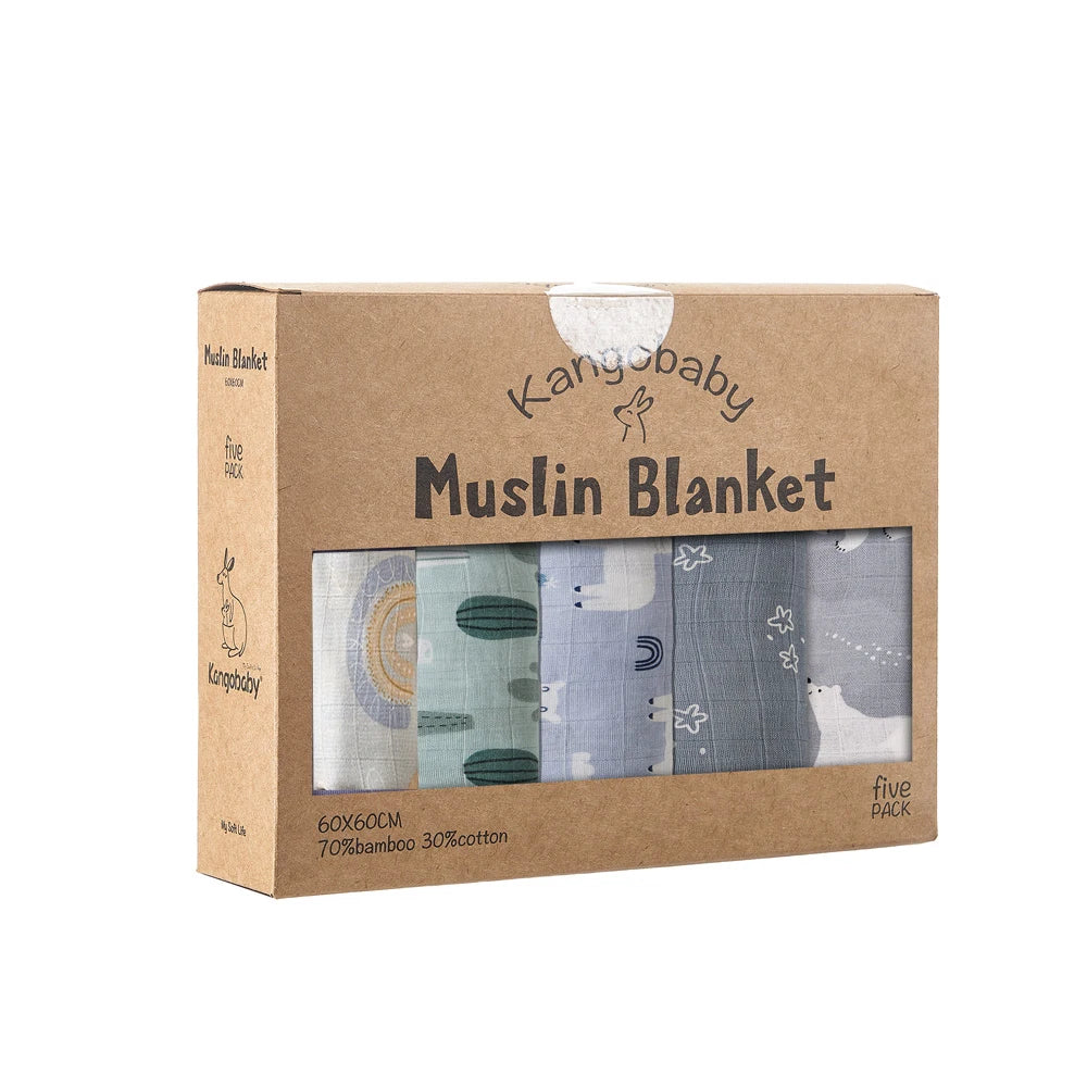 Pack 5 Muselinas de Bambú Kangobaby Multifuncional Manta y Paño para Bebé