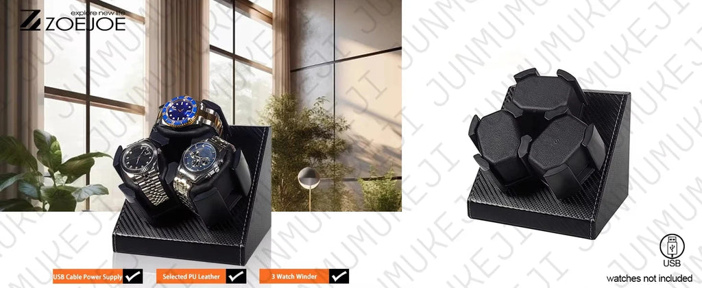 Watch Winder 3 Relojes Automáticos Caja Giratoria PU con Alimentación USB