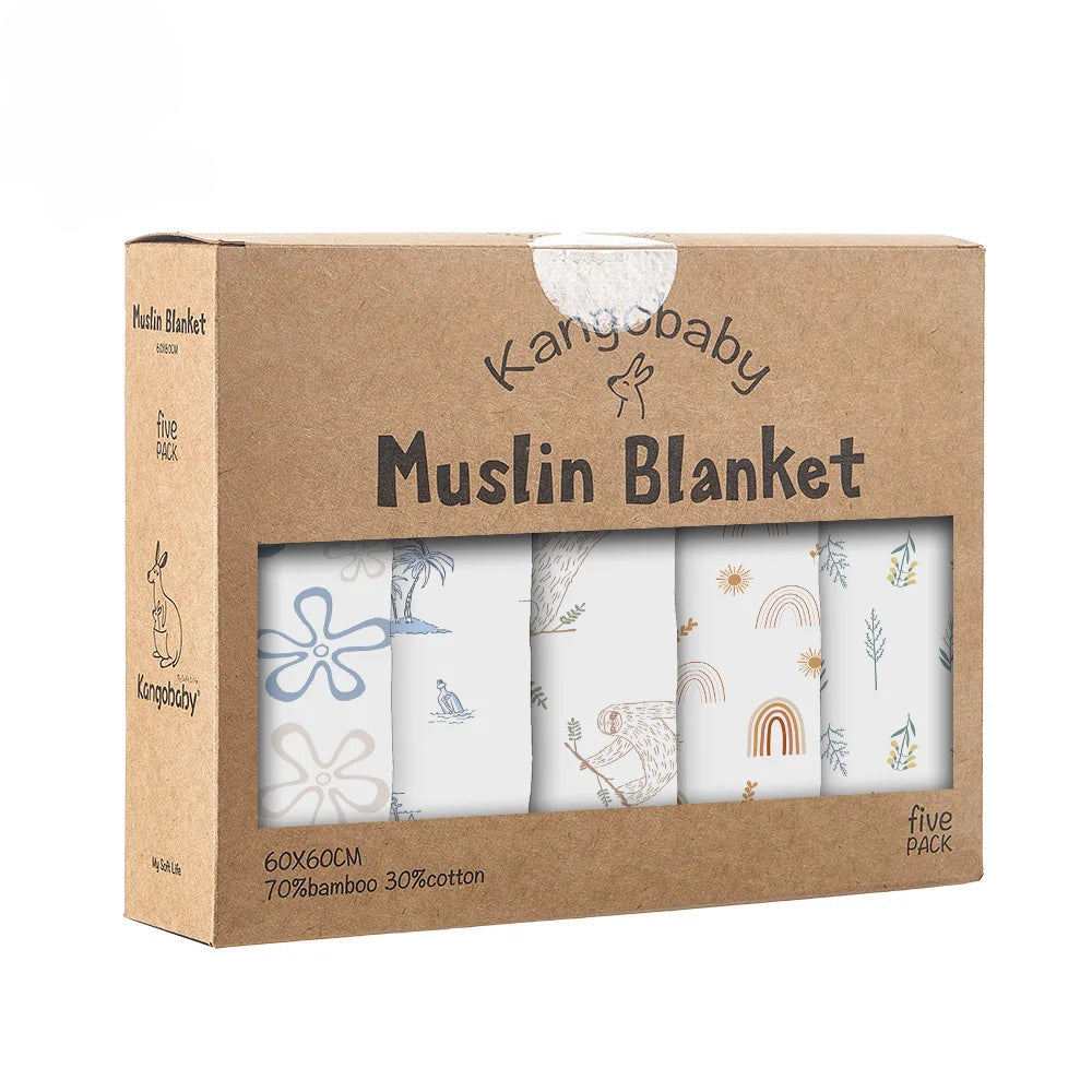 Pack 5 Muselinas de Bambú Kangobaby Multifuncional Manta y Paño para Bebé