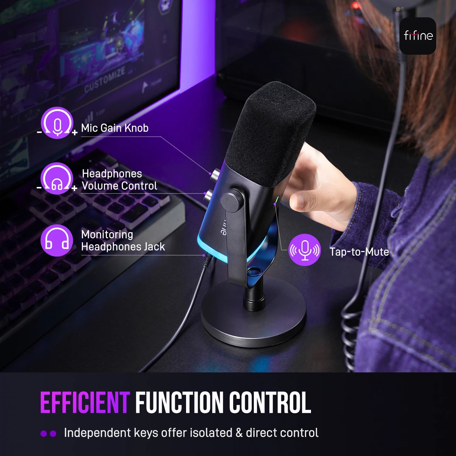 Micrófono FIFINE AmpliGame AM8 USB XLR RGB para Streaming Gaming y Grabación