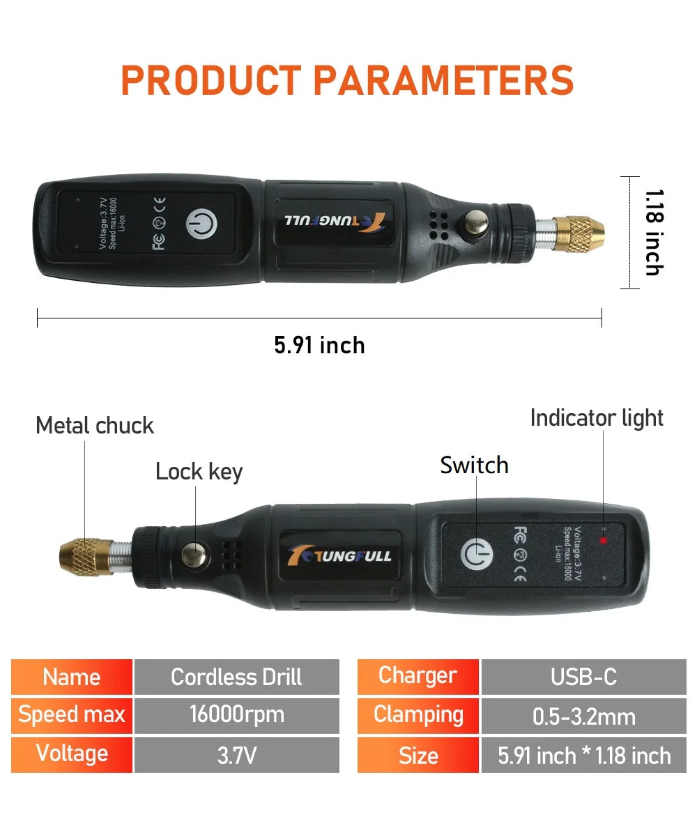 Mini Taladro Eléctrico USB Inalámbrico Herramienta Rotativa para Grabado