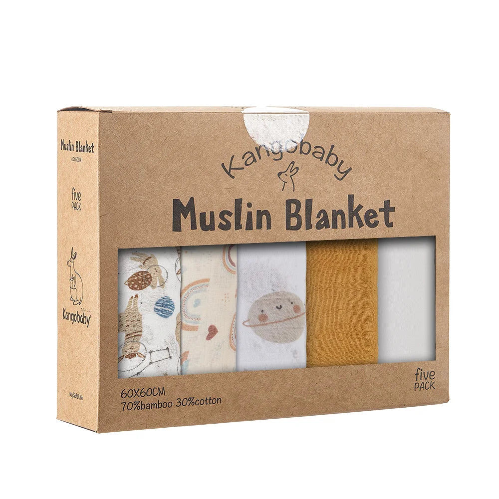 Pack 5 Muselinas de Bambú Kangobaby Multifuncional Manta y Paño para Bebé