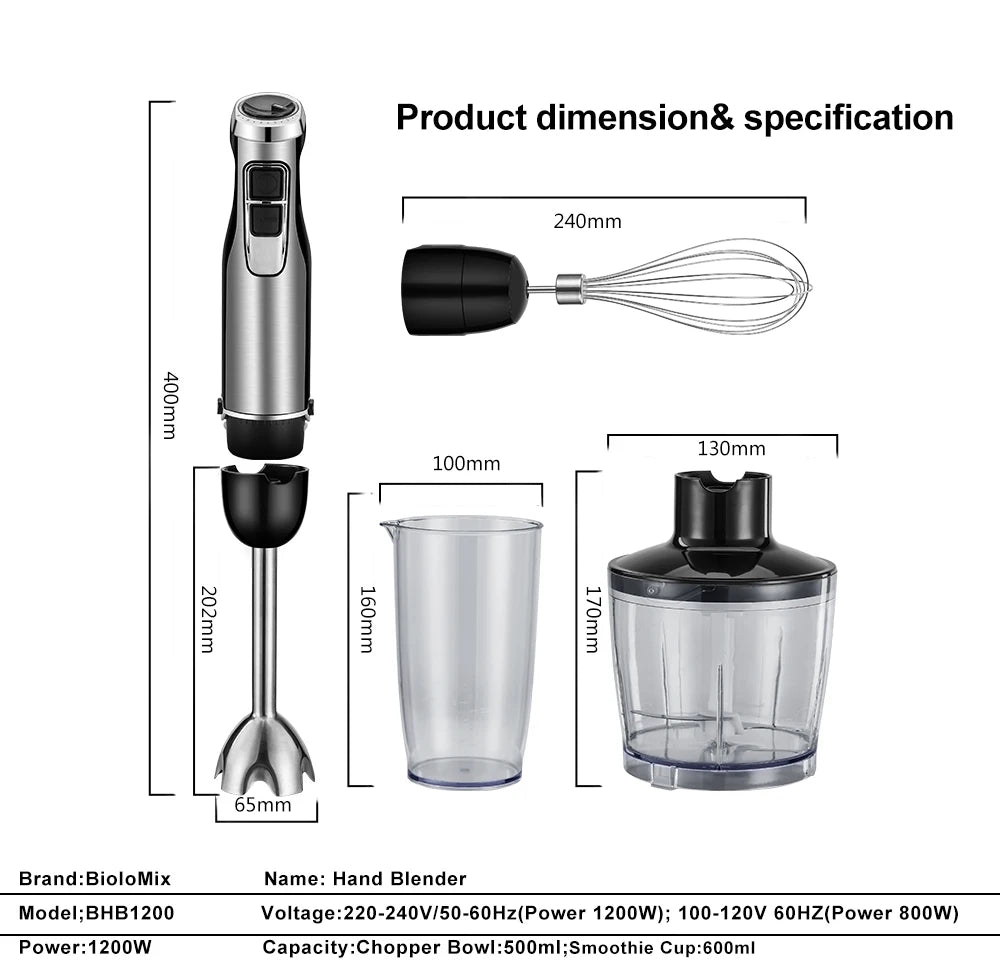 Batidora de Mano BioloMix 4 en 1 1200W con Picadora y Vaso Smoothie