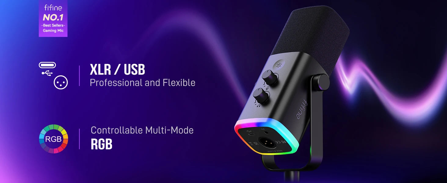 Micrófono FIFINE AmpliGame AM8 USB XLR RGB para Streaming Gaming y Grabación