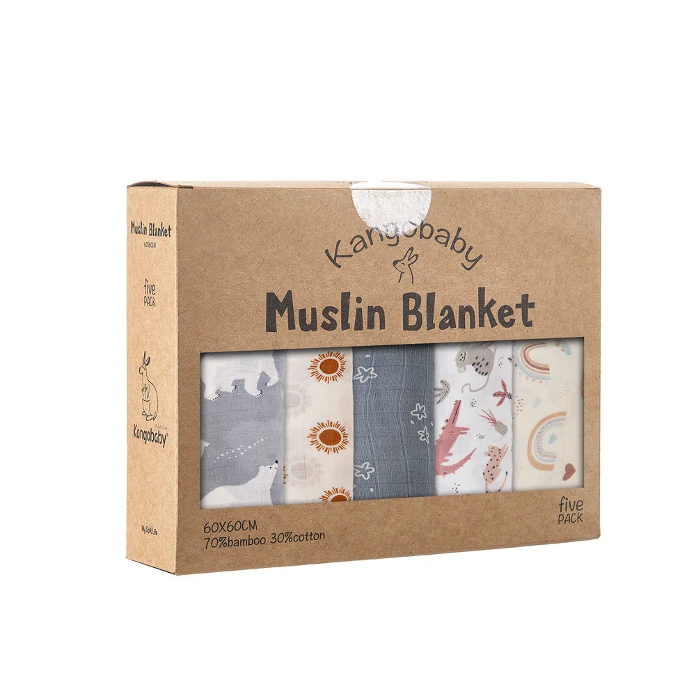 Pack 5 Muselinas de Bambú Kangobaby Multifuncional Manta y Paño para Bebé