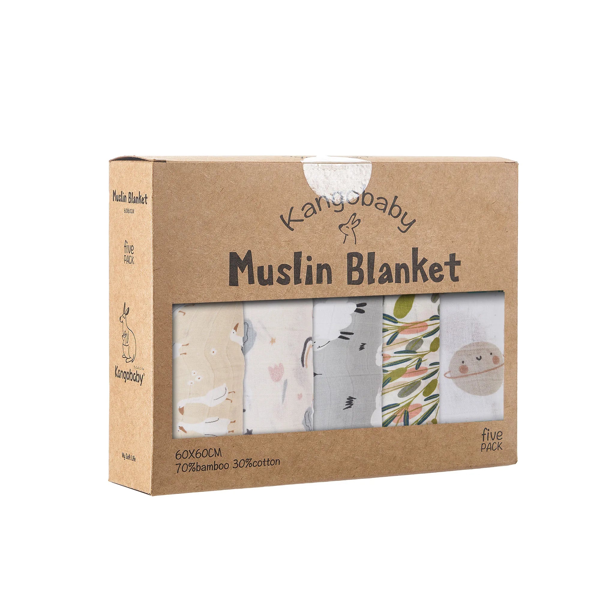 Pack 5 Muselinas de Bambú Kangobaby Multifuncional Manta y Paño para Bebé