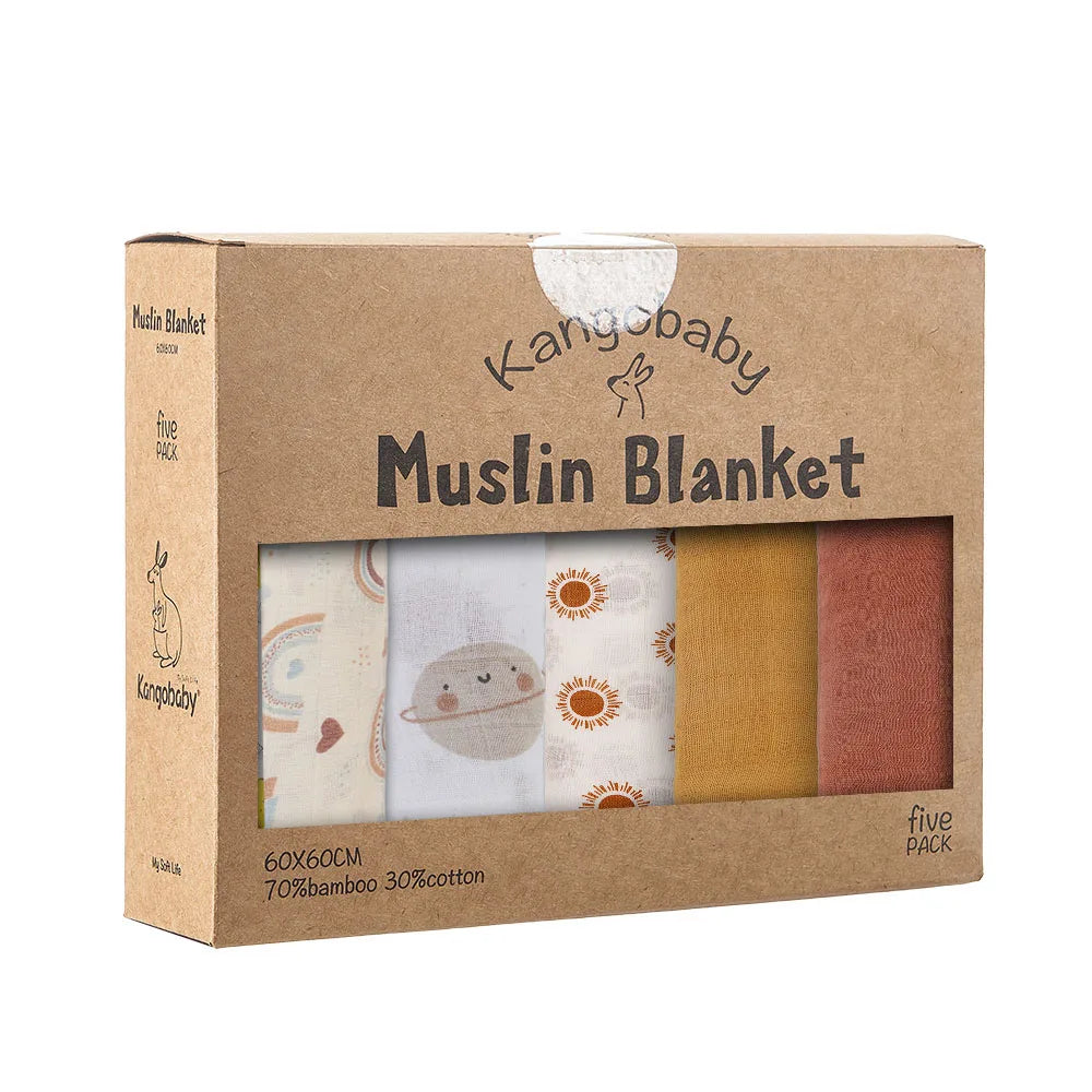 Pack 5 Muselinas de Bambú Kangobaby Multifuncional Manta y Paño para Bebé