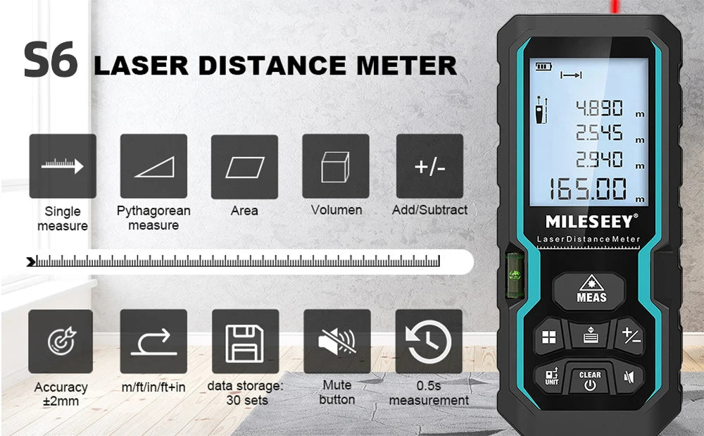 Medidor Láser MILESEEY S6 40-80M Distanciómetro Digital IP54