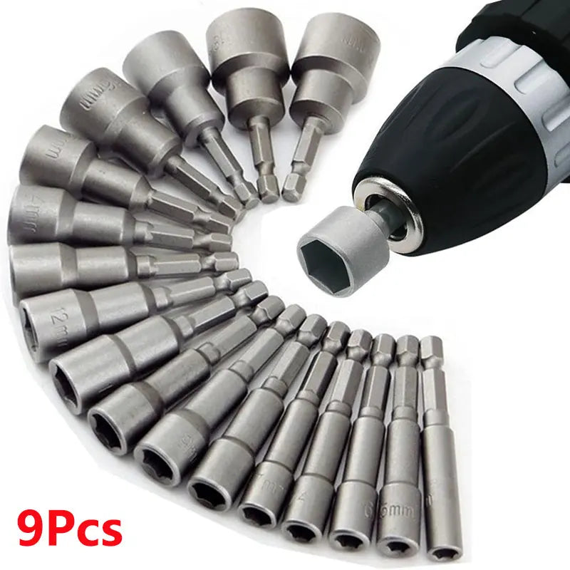 Juego de Vasos Hexagonales 9 Piezas 5-13mm con Adaptador para Taladro
