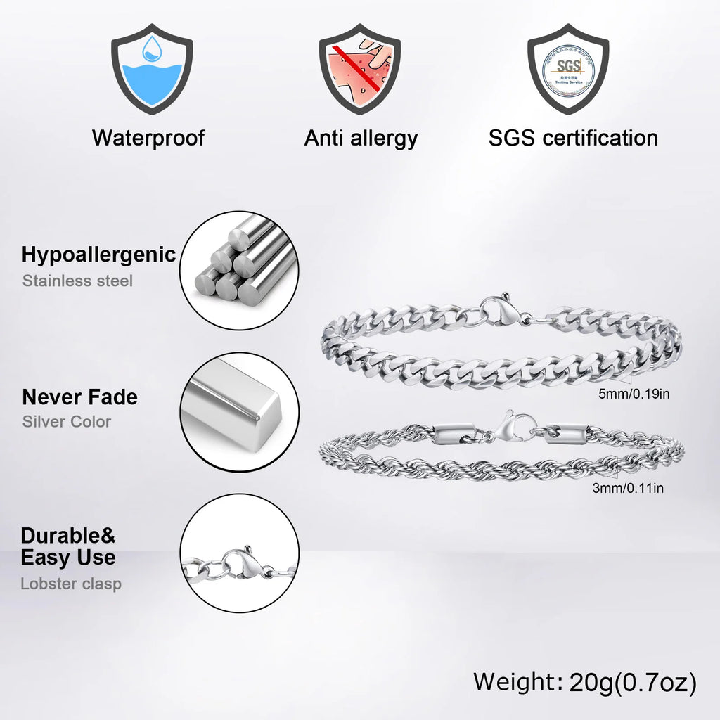 Pulseras Hombre 2 Piezas Acero Inoxidable Cadena Cubana y Trenzada