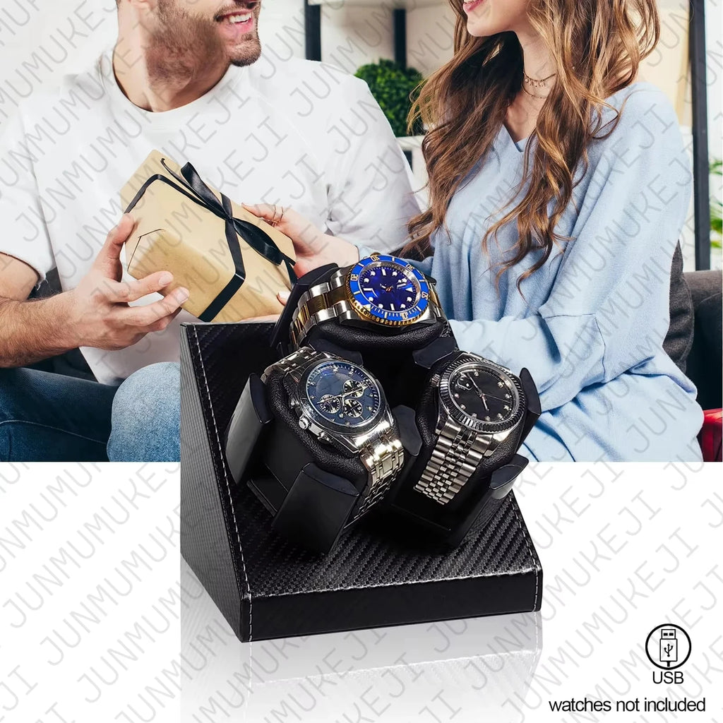 Watch Winder 3 Relojes Automáticos Caja Giratoria PU con Alimentación USB