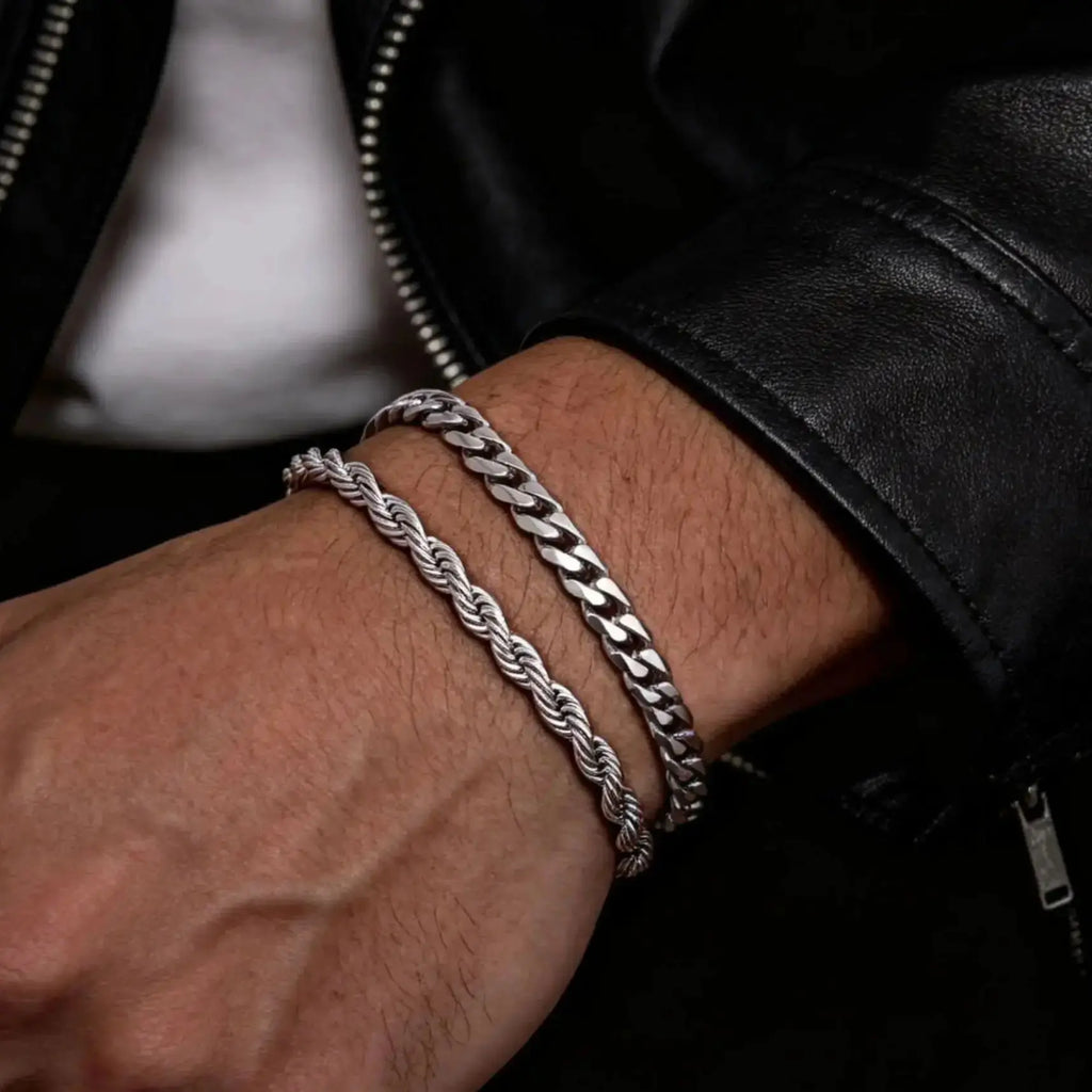 Pulseras Hombre 2 Piezas Acero Inoxidable Cadena Cubana y Trenzada