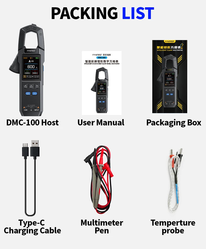 Pinza Amperimétrica FNIRSI DMC-100 Multímetro Digital 600A Recargable