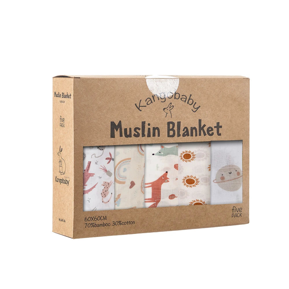 Pack 5 Muselinas de Bambú Kangobaby Multifuncional Manta y Paño para Bebé
