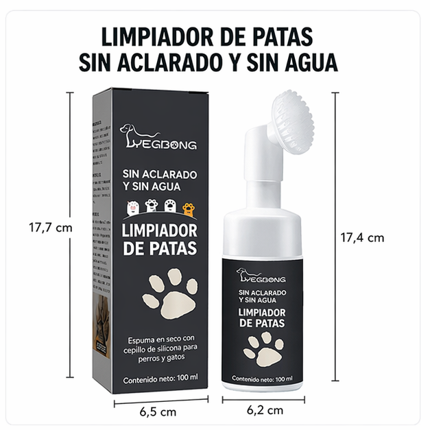 Espuma Limpiadora de Patas para Mascotas 100ml sin Enjuague con Cepillo